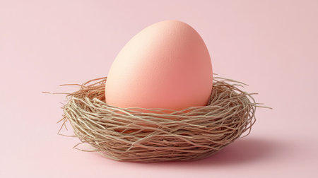 A soft pink egg rests in a natural nest on a pastel background, representing simplicity and beauty in nature. Ideal for themes of spring and new beginnings.の素材