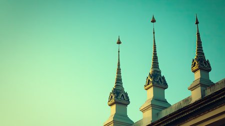 Captivating view of ornate spires rising from a traditional temple roof, set against a serene blue sky, showcasing intricate details and cultural charm.の素材