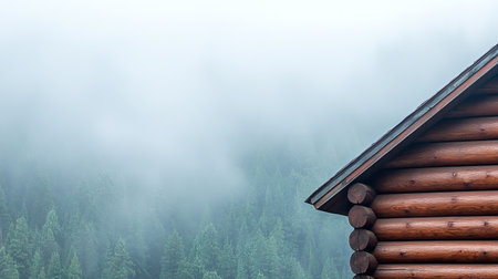 A rustic cabin peeks through a thick mist in a tranquil forest. The serene atmosphere provides an ideal retreat for nature lovers and adventurers alike.の素材
