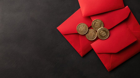 This image features red envelopes and gold coins arranged on a dark background, symbolizing prosperity and good fortune during celebrations and traditions.の素材