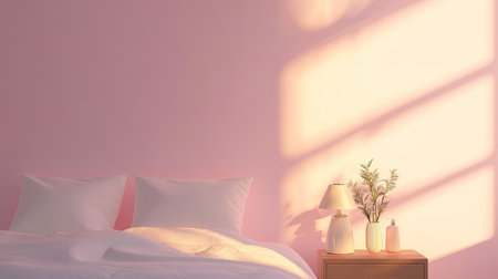 A peaceful bedroom scene featuring soft pink walls, a neatly made bed with white bedding, and natural light casting gentle shadows, creating a serene ambiance.の素材