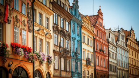 Explore the vibrant colors and unique architectural details of historic buildings in this charming European street. A floral display enhances the picturesque view.の素材