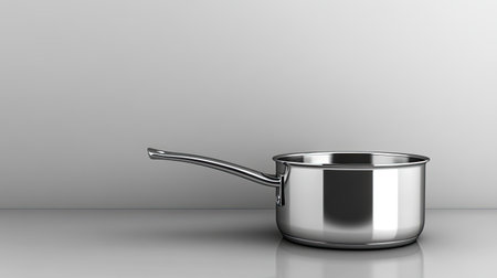 A sleek stainless steel saucepan sits on a minimalist background, perfect for cooking enthusiasts. Ideal for showcasing modern kitchen experiences.の素材