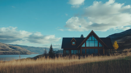 Charming lakeside house surrounded by tall grass, set against a backdrop of scenic mountains and a clear blue sky, offering a tranquil retreat.の素材