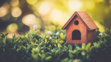 A charming small wooden house nestled in vibrant green foliage, evoking feelings of tranquility and beauty in a natural setting. Perfect for nature-themed designs.の素材