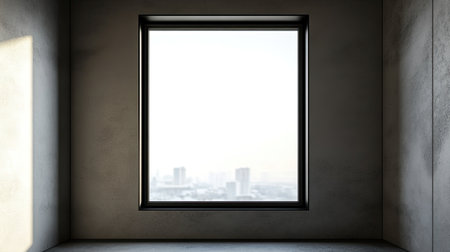 A modern empty room featuring a large window overlooking a cityscape. The minimalistic design showcases clean lines and a serene atmosphere, perfect for creative spaces.の素材