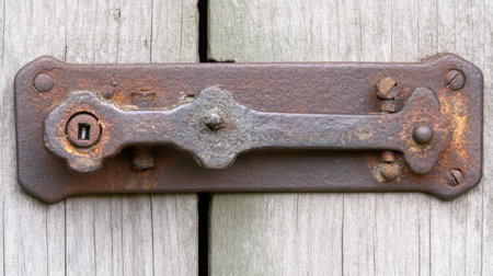 A close-up of a vintage rusty door lock attached to a weathered wooden surface. This detailed image captures the charm and character of aged hardware.の素材