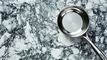 A sleek stainless steel pan sits on a beautiful marble countertop, showcasing modern kitchen aesthetics and perfect for food preparation or cooking scenes.の素材
