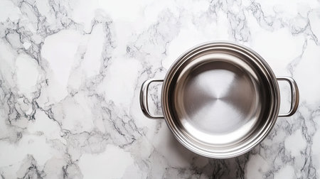 A clean stainless steel pot sits on a marble countertop, showcasing a modern kitchen aesthetic. Perfect for cooking, preparation, and stylish design.の素材