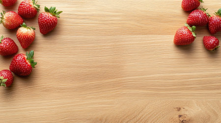 Bright red strawberries scattered on a wooden table create a fresh and vibrant scene, perfect for food photography or healthy lifestyle themes.の素材