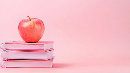 A fresh apple rests on a stack of pink books against a soft pink background, symbolizing creativity and education in a vibrant, minimalistic style.の素材