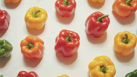 A vibrant arrangement of colorful bell peppers on a clean white surface. Perfect for representing fresh, healthy cooking or colorful ingredients in a culinary setting.の素材