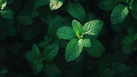 A close-up of fresh mint leaves bathed in natural light, showcasing their vibrant green color and intricate texture. Perfect for themes of nature and wellness.の素材