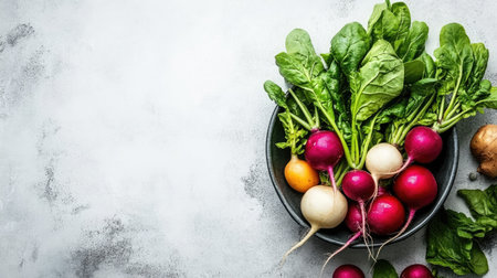 A vibrant arrangement of fresh vegetables including spinach and radishes in a bowl, perfect for healthy cooking and garnishing meals.の素材