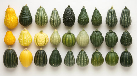 A vibrant collection of decorative gourds displayed in various shapes and colors, perfect for autumn themes or seasonal decorations. Suitable for culinary or artistic uses.の素材