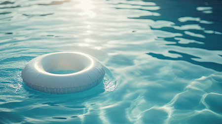 A peaceful image of a floating lifebuoy in a tranquil pool under soft sunlight. Perfect for evoking relaxation, leisure, and summer vibes.の素材