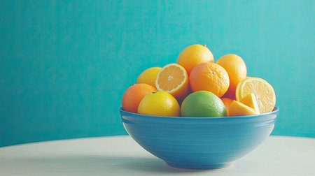 A vibrant display of fresh citrus fruits in a blue bowl, showcasing an assortment of oranges, lemons, and limes. Perfect for healthy eating themes.の素材