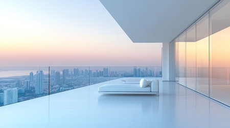 Stylish balcony featuring a serene sunset view over a vibrant city skyline, perfect for relaxation and showcasing modern architectural design.の素材