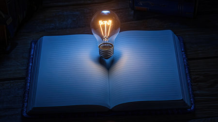 An open book illuminated by a glowing light bulb, symbolizing inspiration and creativity. The soft ambiance creates a thoughtful atmosphere for ideas and imagination.の素材
