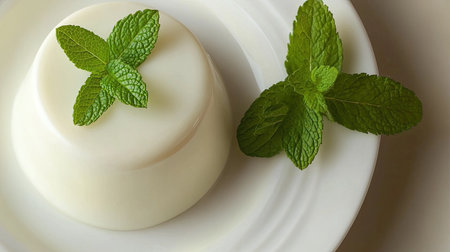 A smooth and creamy dessert elegantly presented on a white plate, garnished with fresh mint leaves for an inviting and stylish touch. Perfect for culinary inspiration.の素材