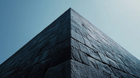 A striking view of a stone structure from a low angle, emphasizing the geometric design and textured surface against a clear blue sky, ideal for modern architecture themes.の素材