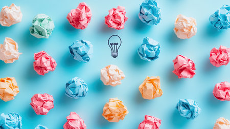 A vibrant arrangement of crumpled paper balls on a blue background, featuring a light bulb symbol in the center, representing creativity and brainstorming ideas.の素材