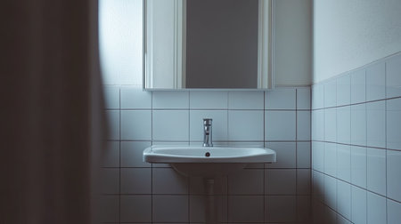 A minimalist bathroom featuring a clean sink and a mirror. The sleek tiles and simple design create a tranquil atmosphere, perfect for relaxation and hygiene.の素材