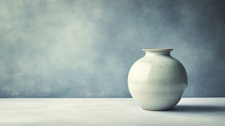 A beautiful ceramic vase displayed against a soft blue background, showcasing a minimalist design. Perfect for interior decor and artistic compositions.の素材