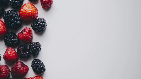 A vibrant arrangement of fresh berries including strawberries, raspberries, and blackberries on a clean white surface, perfect for healthy eating and culinary presentations.の素材