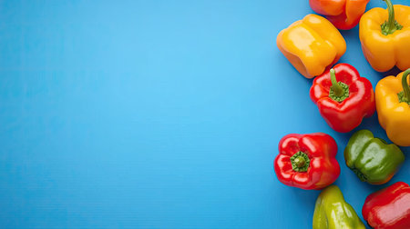 A vibrant arrangement of colorful bell peppers on a blue background, showcasing fresh vegetables ideal for healthy meals and culinary presentations.の素材