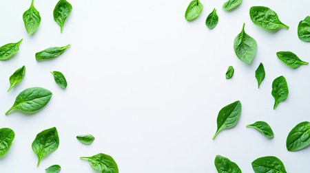 A vibrant arrangement of fresh spinach leaves on a clean white background, perfect for food-related projects, healthy lifestyle themes, or culinary designs.の素材
