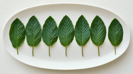 A minimalistic arrangement of fresh green leaves on a white plate, showcasing their vibrant color and texture. Ideal for culinary or nature-themed projects.の素材