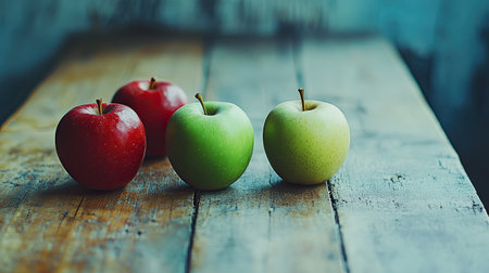 A vibrant display of fresh red and green apples on a rustic wooden table. Perfect for food-related projects, seasonal themes, and healthy eating concepts.の素材