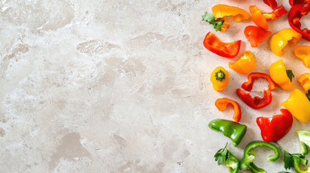 A vibrant arrangement of colorful bell peppers on a neutral background, perfect for food styling, healthy eating themes, or culinary recipes. Ideal for cooking and nutrition-related projects.の素材