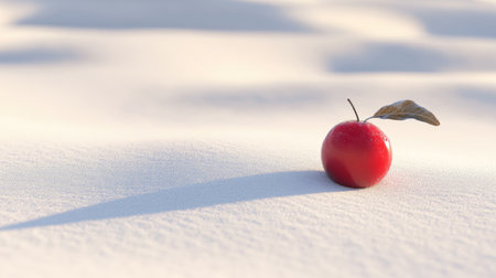A vibrant red apple sits alone on a pristine snowy surface, creating a striking contrast. Perfect for themes of winter, solitude, and nature's beauty.の素材