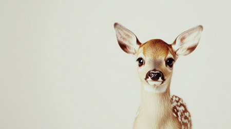 A charming portrait of a young fawn featuring its expressive eyes and delicate ears, set against a soft neutral background for a serene aesthetic.の素材
