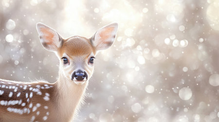 A stunning portrait of a young fawn with delicate features set against a softly blurred natural background, creating a serene and enchanting atmosphere.の素材