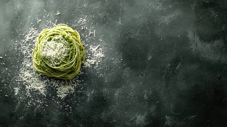 A beautiful serving of fresh green spaghetti topped with cheese, placed on a dark textured surface, perfect for gourmet food presentations or cooking themes.の素材
