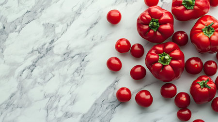 A fresh assortment of red tomatoes and bell peppers arranged on a marble surface, showcasing vibrant colors and textures ideal for food photography and culinary designs.の素材