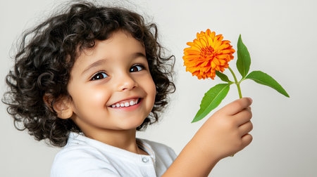 A joyful child with curly hair smiles brightly while holding a vibrant orange flower, capturing the essence of happiness, innocence, and the beauty of nature.の素材