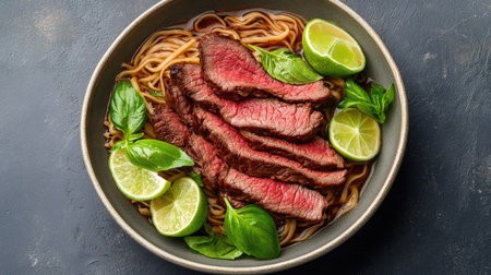 A mouthwatering beef steak served over noodles, garnished with fresh herbs and lime. Perfect for showcasing culinary creativity in any food-related project.の素材