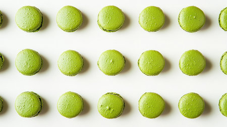 A delightful arrangement of green macarons displayed in neat rows. Perfect for showcasing desserts at events, cafes, or culinary creations.の素材