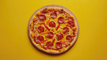 A vibrant and appetizing pepperoni pizza displayed on a wooden platter against a bright yellow background, perfect for food lovers and restaurant promotions.の素材