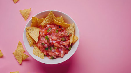 A vibrant bowl of fresh salsa paired with crispy tortilla chips on a pink background, perfect for parties or casual gatherings. A tasty snack!の素材