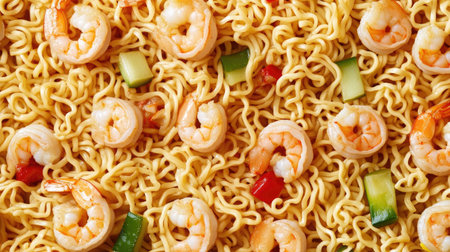 A vibrant close-up of a delicious shrimp and noodle dish, showcasing fresh ingredients and delicious flavors, perfect for culinary enthusiasts and food lovers.の素材