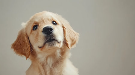 This charming portrait features a young golden retriever puppy with an expressive face, capturing its playful nature and innocent charm.の素材