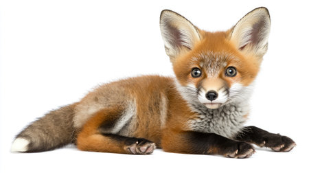 An adorable young fox rests gracefully on a white background, showcasing its soft orange fur and expressive eyes. Perfect for wildlife and nature themes.の素材
