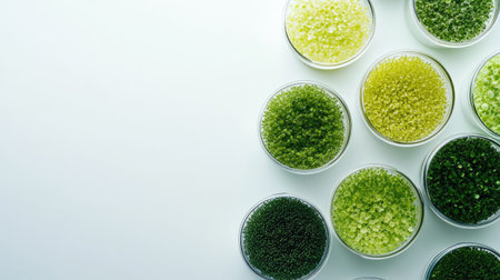 This image showcases a collection of varied green algae samples placed in laboratory bowls. Ideal for educational and scientific projects focusing on biology and ecology.の素材