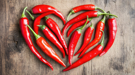 Red chili peppers arranged in a heart shape on a rustic wooden background create a vibrant and fresh visual. Perfect for culinary and food photography.の素材