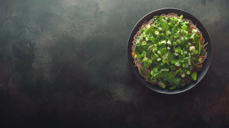 A vibrant fresh green vegetable salad displayed on a dark background, showcasing a variety of healthy ingredients perfect for any meal or gathering.の素材